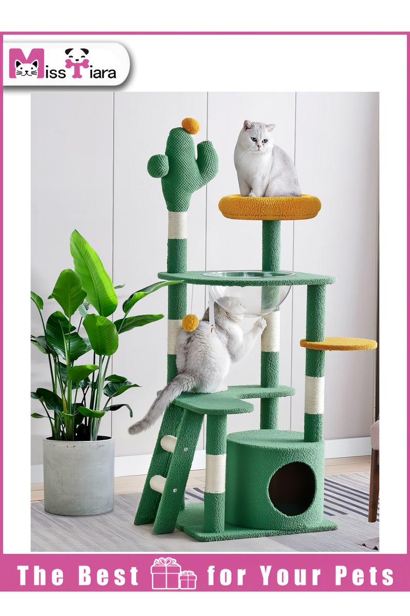 مس تيارا رج قطط كبير على شكل شجرة صبار متعدد المستويات للقطط الداخلية مسكن متعدد المستويات للقطط الكبيرة مع عش كبسولة فضائية وعمود خدش مغطى بالسيزال مع سلم 143 سم أخضر - Image 1