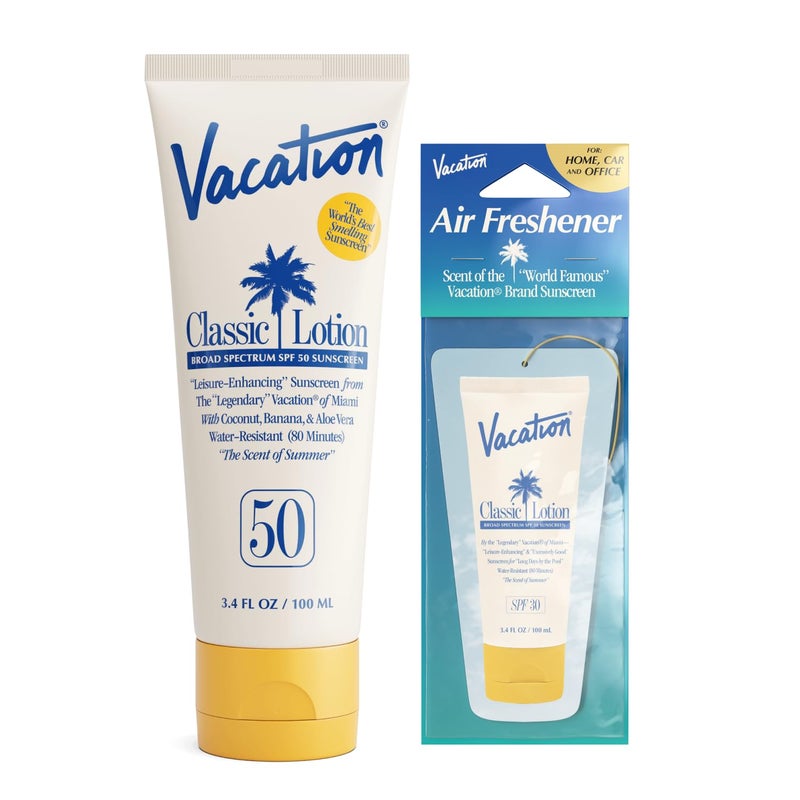 Vacation Classic Sunscreen Lotion SPF 50 & Air Freshener Bundle, Water-Resistant, Lightweight, Transparent on All Skin Tones, Dermatologist-Tested, Vegan, Travel Size, 3.4 Fl. Oz. - Image 1