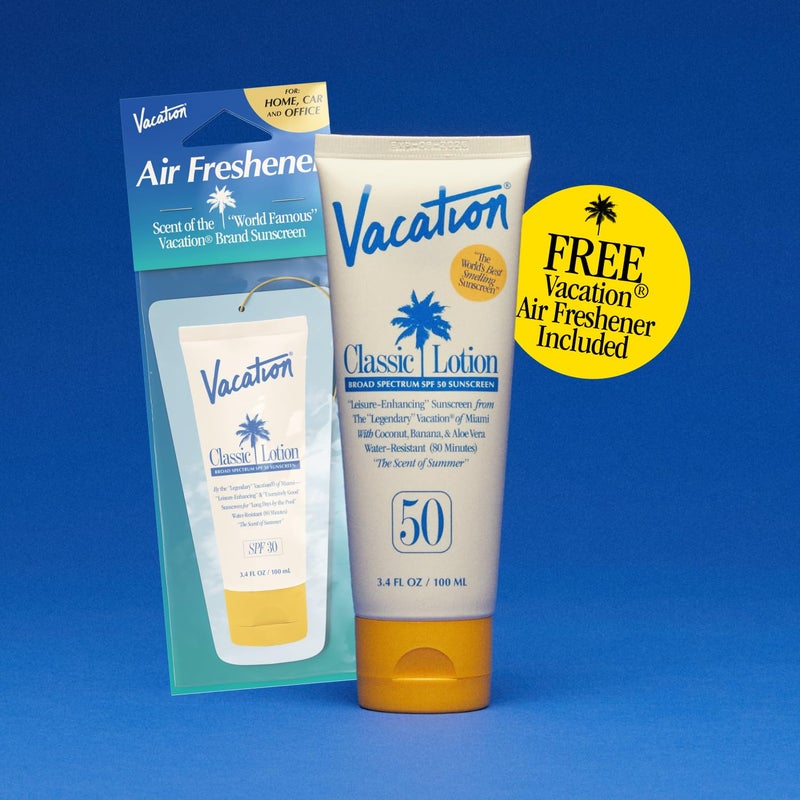 Vacation Classic Sunscreen Lotion SPF 50 & Air Freshener Bundle, Water-Resistant, Lightweight, Transparent on All Skin Tones, Dermatologist-Tested, Vegan, Travel Size, 3.4 Fl. Oz. - Image 5