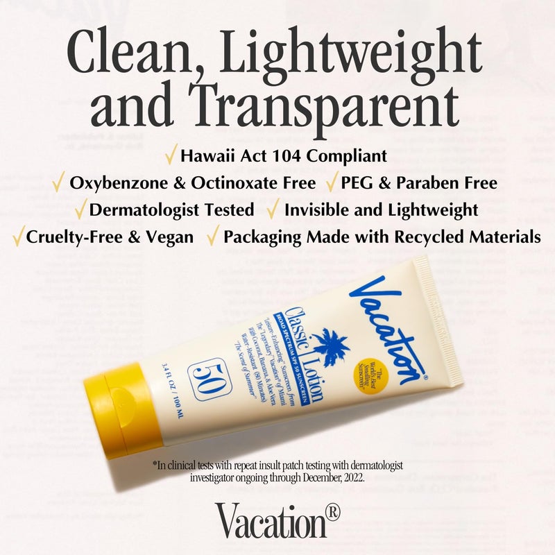 Vacation Classic Sunscreen Lotion SPF 50 & Air Freshener Bundle, Water-Resistant, Lightweight, Transparent on All Skin Tones, Dermatologist-Tested, Vegan, Travel Size, 3.4 Fl. Oz. - Image 4