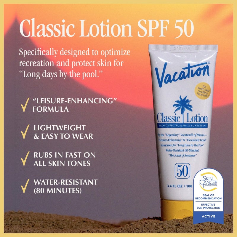 Vacation Classic Sunscreen Lotion SPF 50 & Air Freshener Bundle, Water-Resistant, Lightweight, Transparent on All Skin Tones, Dermatologist-Tested, Vegan, Travel Size, 3.4 Fl. Oz. - Image 2