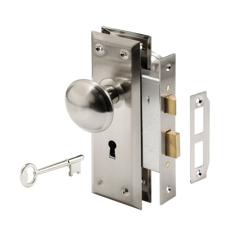 Prime-Line E 2330 Mortise Keyed Lock Set with Satin Nickel Knob â€“ Perfect for Replacing Broken Antique Lock Sets and More, Fits 1-3/8 In.-1-3/4 In. Interior Doors, Satin Nickel (Single Pack) - Image 1