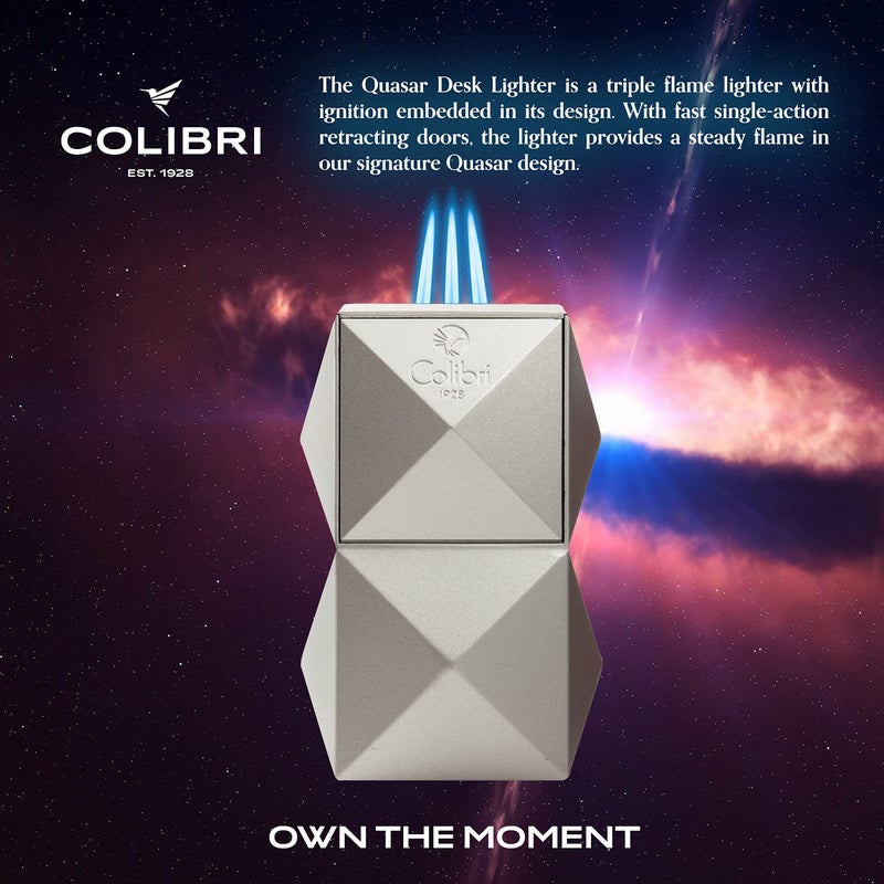 Colibri Quasar Triple Jet Flame Butane Table Lighter, Cigar Enthusiast's Choice with Blue Fuel Window, Adjustable Flame, Non-Slip Base (Silver) - Image 4