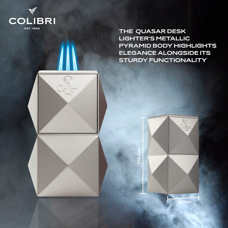 Colibri Quasar Triple Jet Flame Butane Table Lighter, Cigar Enthusiast's Choice with Blue Fuel Window, Adjustable Flame, Non-Slip Base (Silver) - Image 3