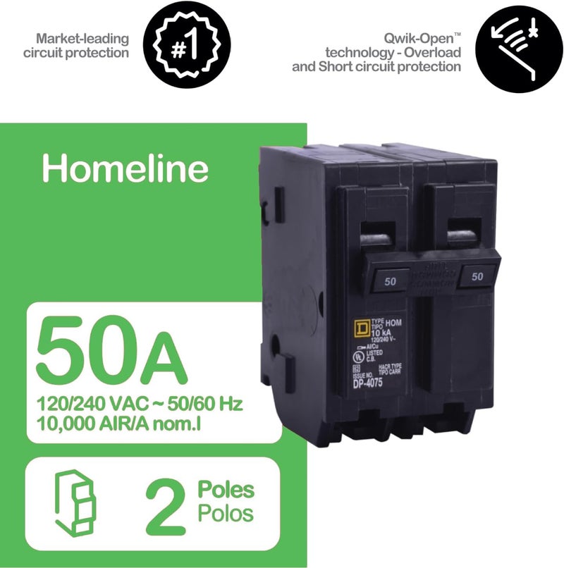 Square D Plug In Circuit Breaker, HOM, Number of Poles 2, 50 Amps, 120/240VAC, Standard - Image 4