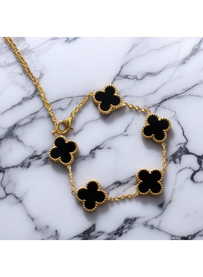 Black Alhambra Bracelet - Luxury Five Leaf Clover Bracelet for Women- 18+5cm Adjustable - Gold Plated Chain with White Alhambra Style Flowers - Image 5