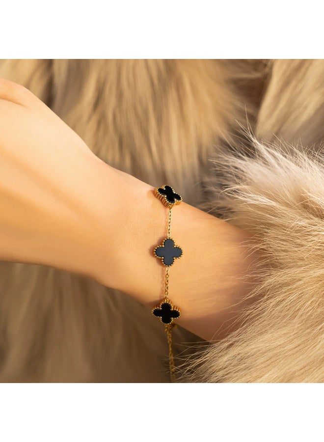 Black Alhambra Bracelet - Luxury Five Leaf Clover Bracelet for Women- 18+5cm Adjustable - Gold Plated Chain with White Alhambra Style Flowers - Image 1