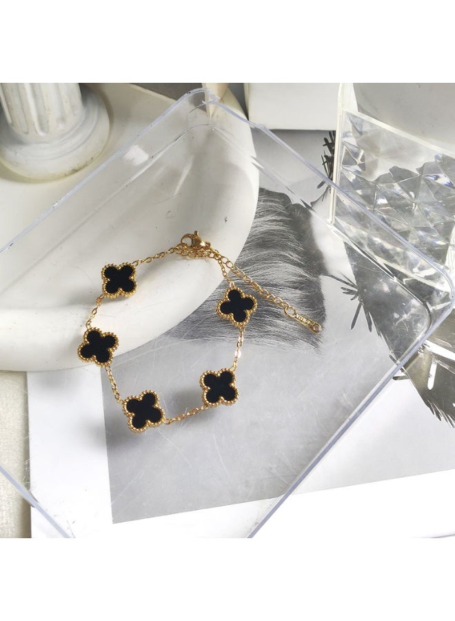 Black Alhambra Bracelet - Luxury Five Leaf Clover Bracelet for Women- 18+5cm Adjustable - Gold Plated Chain with White Alhambra Style Flowers - Image 4
