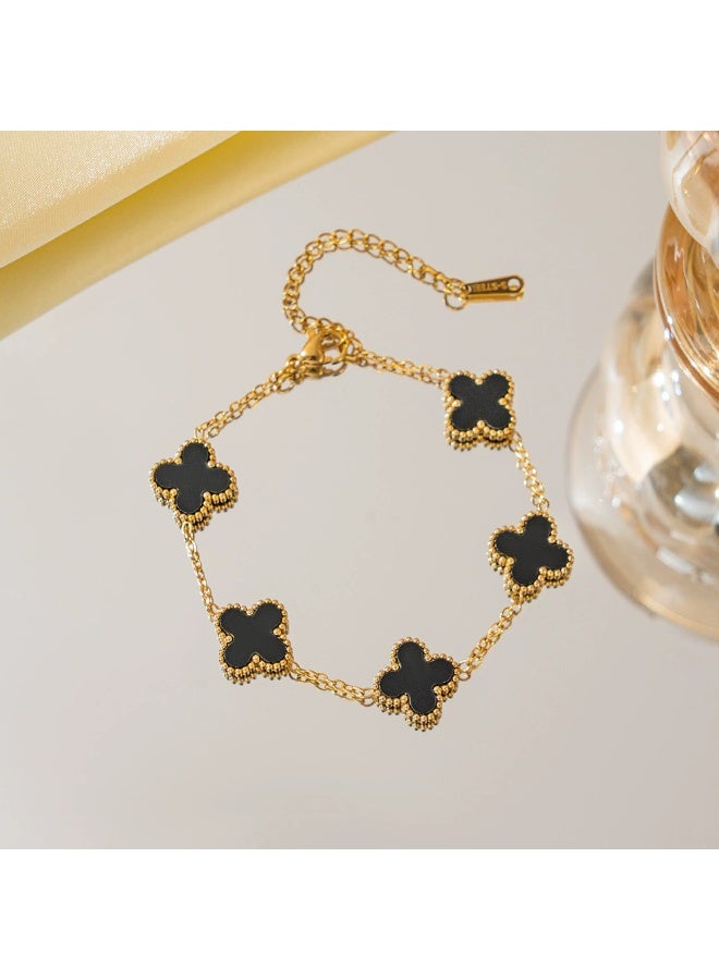 Black Alhambra Bracelet - Luxury Five Leaf Clover Bracelet for Women- 18+5cm Adjustable - Gold Plated Chain with White Alhambra Style Flowers - Image 2