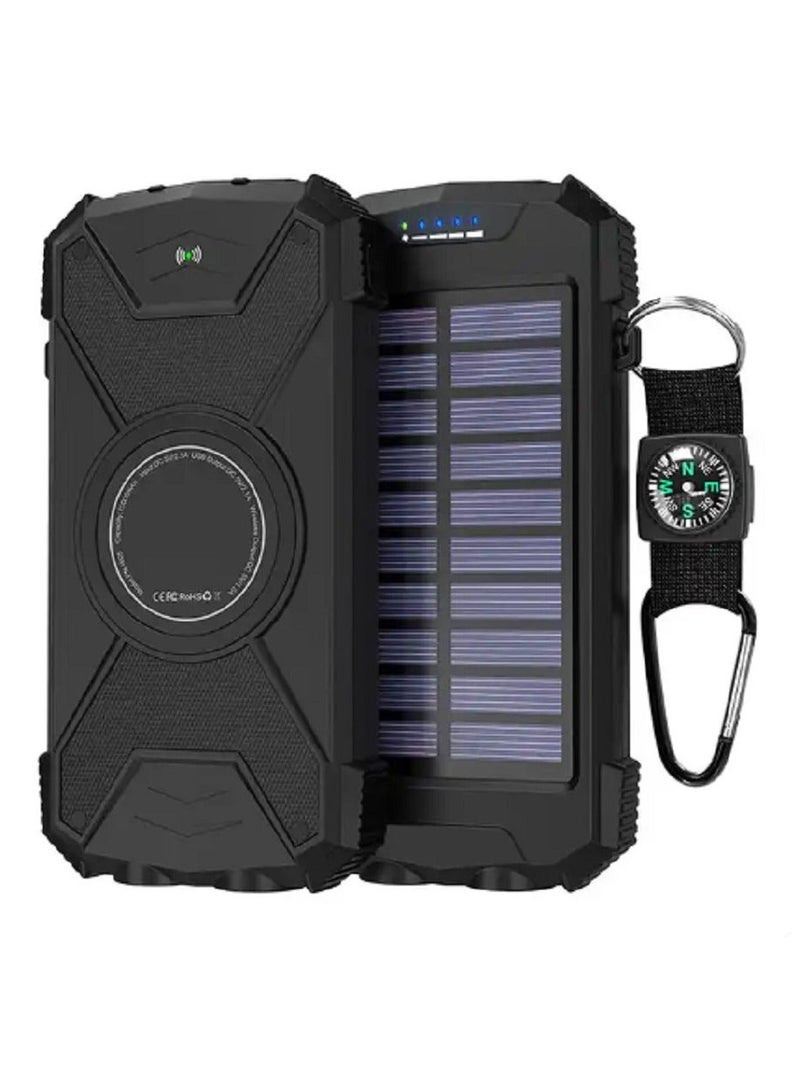 راكسوم دولتري - بنك طاقة يعمل بالطاقة الشمسية، شاحن محمول لاسلكي Qi بقدرة 10,000 مللي أمبير في الساعة، حزمة بطارية خارجية مع مدخل/مخرج من النوع C، لوحة شمسية مع مصباح يدوي LED مزدوج، بوصلة (أسود)