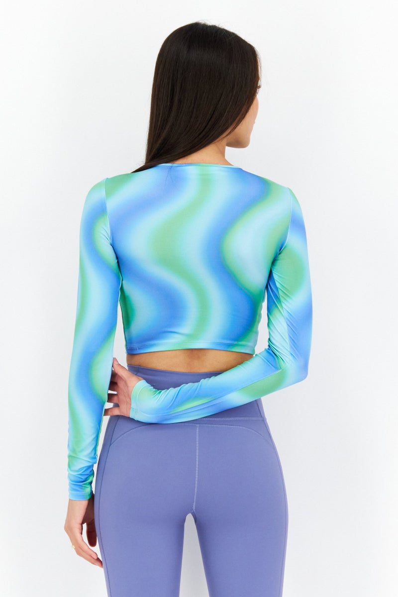 Bershka Women Round Neck Long Sleeve Tie Dye  Top, Green Combo - Image 4