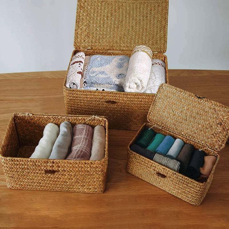 Esoes Wicker Storage Basket Woven Rattan Storage Box With Lids Seagrass Laundry Baskets Makeup Organizer For Bathroom, Living Room, Kitchen (S) - Image 5