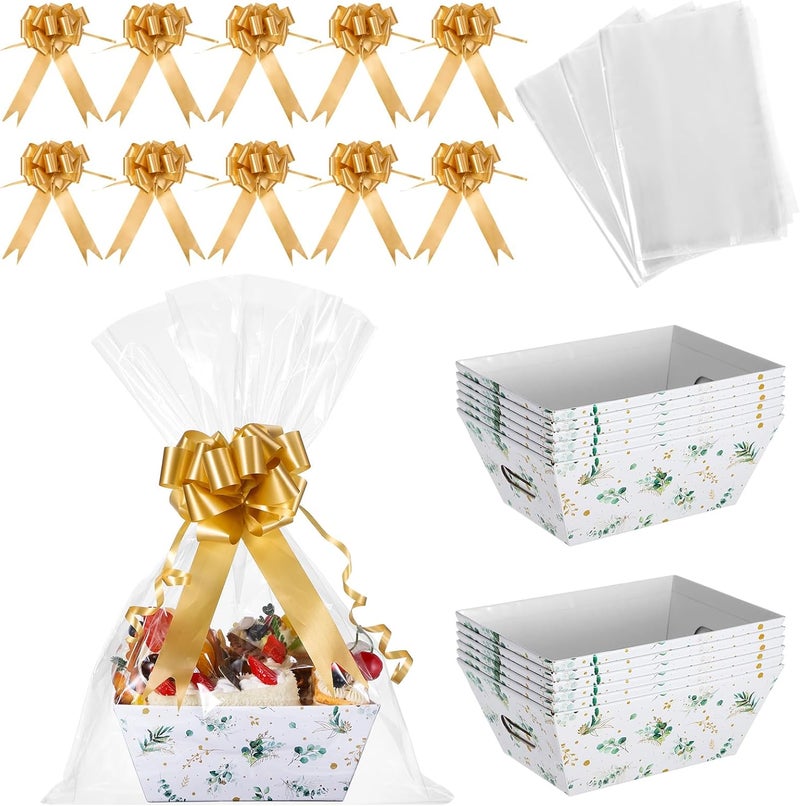 Canlierr 50 Pcs Empty Baskets for Gifts Kit Include 12 Eucalyptus Cardboard Basket 8 x 6 x 3 18 Gold Pull Bows Gift Wrapping and 20 Plastic Bags for Wedding Birthday Party - Image 1
