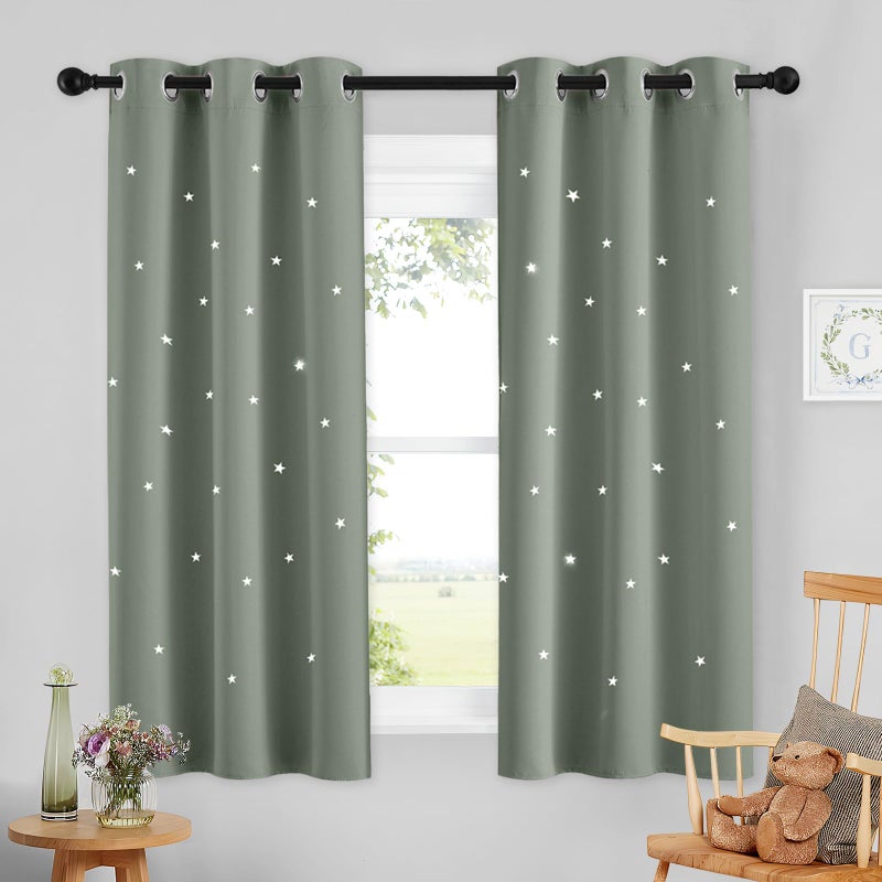 NICETOWN NICETOWN Blackout Star Curtains for Kids Room Boys Girls Twinkle Stars Thermal Insulated Cute Soft Curtain Drapes  Grommet Top Short Covering for Small Window  1 Panel  34 "" W x 45 "" L  Sage Green - Image 3