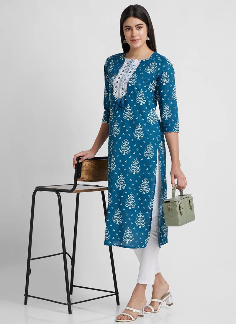 Globus Women Floral Printed Mirror Work Pure Cotton Kurta
