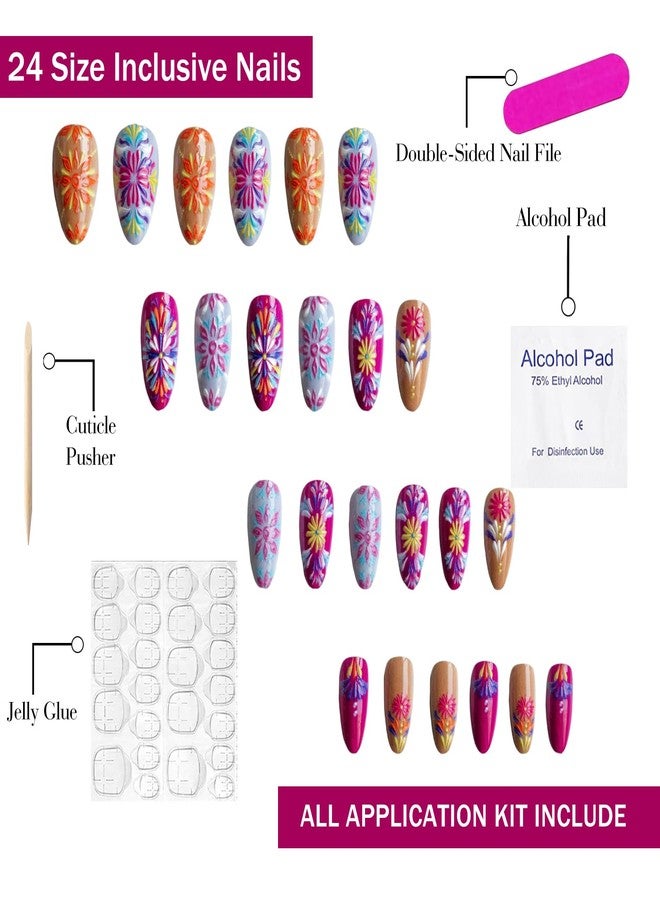 OFDNE Press on Nails Medium Almond OFDNE Mandala Fake Nails 3D Embossed False Nails with Designs Flower Colorful Glossy Glue on Nails Acrylic Nails for Women Girls 24Pcs - Image 3