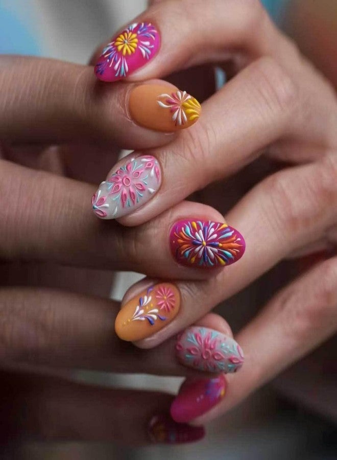 OFDNE Press on Nails Medium Almond OFDNE Mandala Fake Nails 3D Embossed False Nails with Designs Flower Colorful Glossy Glue on Nails Acrylic Nails for Women Girls 24Pcs - Image 1