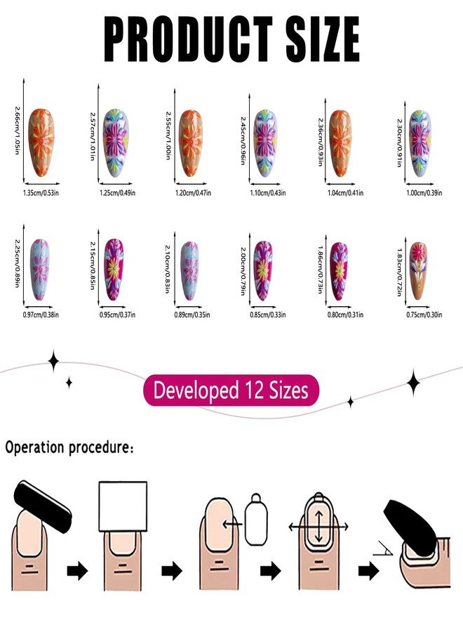 OFDNE Press on Nails Medium Almond OFDNE Mandala Fake Nails 3D Embossed False Nails with Designs Flower Colorful Glossy Glue on Nails Acrylic Nails for Women Girls 24Pcs - Image 5