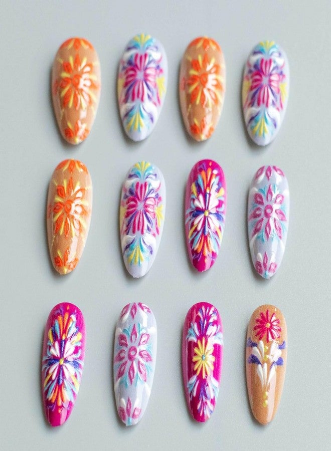 OFDNE Press on Nails Medium Almond OFDNE Mandala Fake Nails 3D Embossed False Nails with Designs Flower Colorful Glossy Glue on Nails Acrylic Nails for Women Girls 24Pcs - Image 4