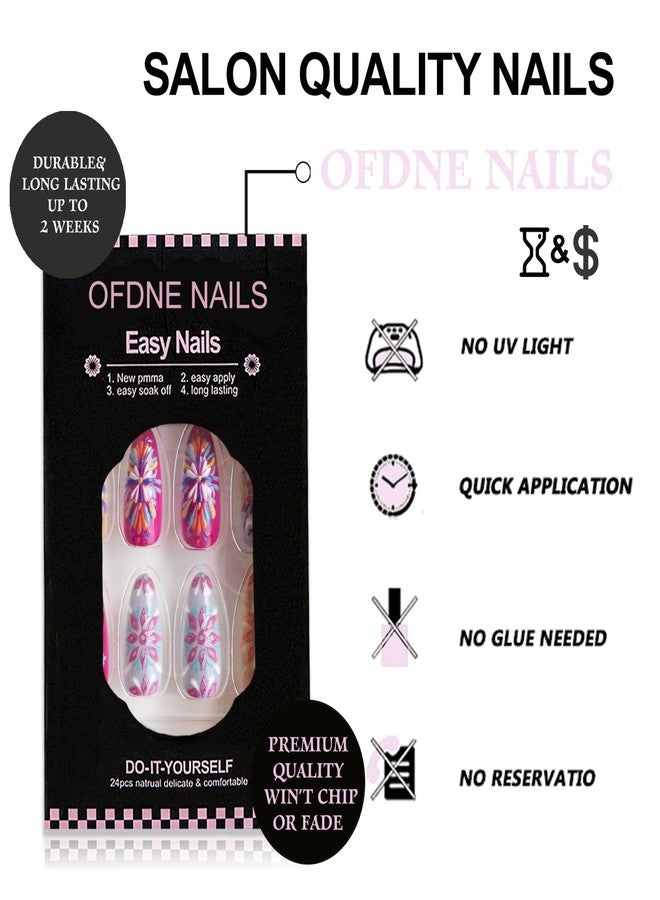 OFDNE Press on Nails Medium Almond OFDNE Mandala Fake Nails 3D Embossed False Nails with Designs Flower Colorful Glossy Glue on Nails Acrylic Nails for Women Girls 24Pcs - Image 2
