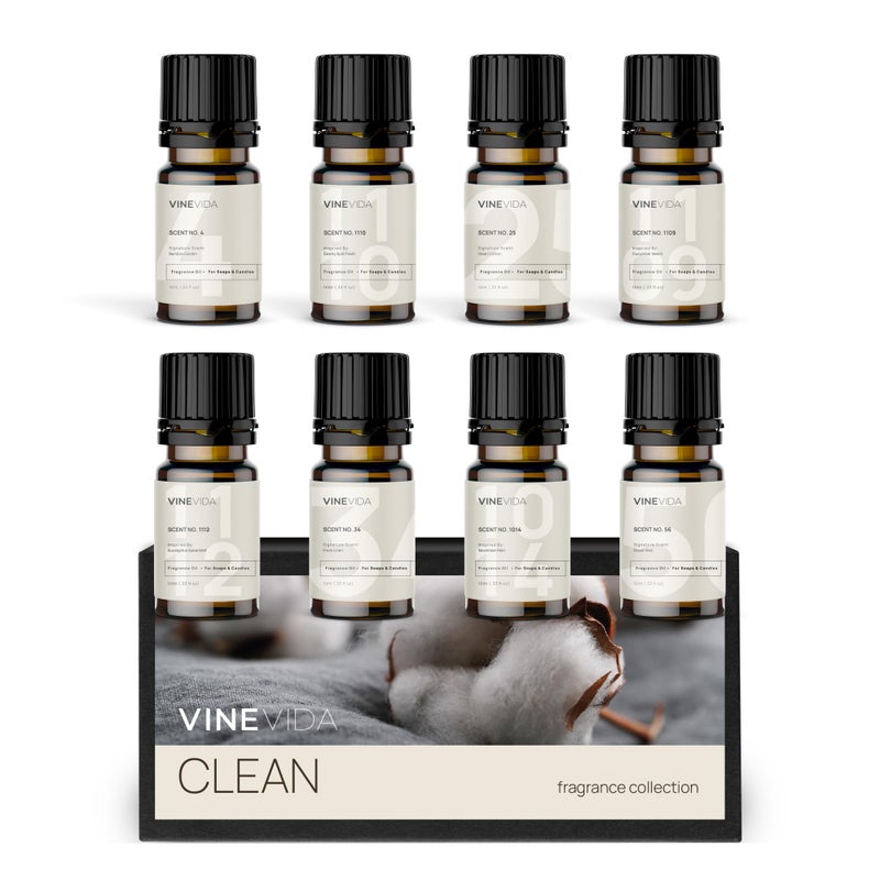 VINEVIDA [Set of 8] Clean Scents for Candle Making, Made in USA Candle Fragrance Oil, Soap Making Essential Oils, Diffuser Oil Scents - Image 1