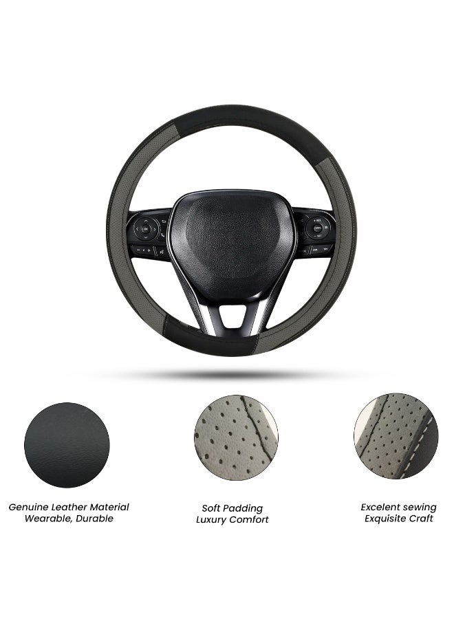 MOB Premium Leather Medium Steering Wheel Cover 37-39cm for Cars, Universal 15 Inch Anti-Slip, Breathable & Sweat-Absorbent Wheel Protector, Easy to Install (Black/Grey) SW-100 - Image 1