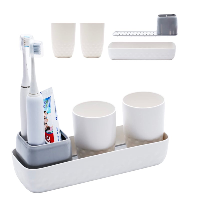 Ayswupt Toothbrush Holders for BathroomsKids Electric Toothbrush Holder with 2 Cups SetWhite Tooth Brush Toothpaste Caddy StorageSmall Bathroom Countertop Organizer Stand for Men Farmhouse Family