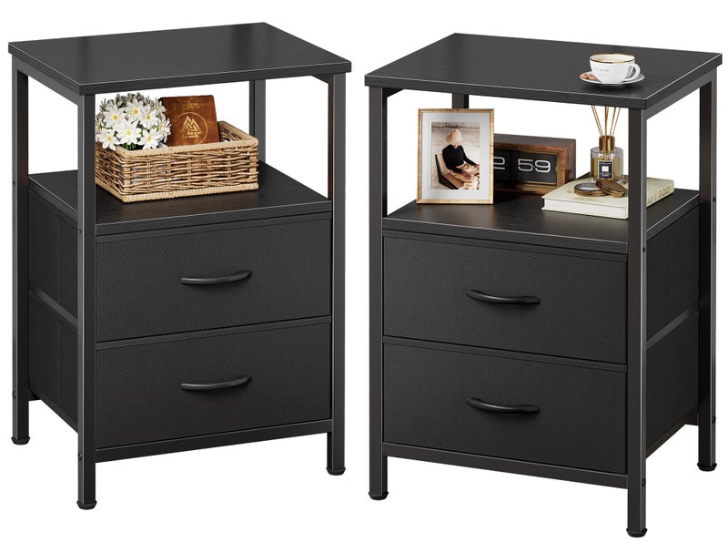 Huuger Night Stand Set of 2, Nightstand with 2 Drawers, Bed Side Table with Open Shelf, Wooden Top, End Table, Fabric Drawer, for Bedroom, Black - Image 1