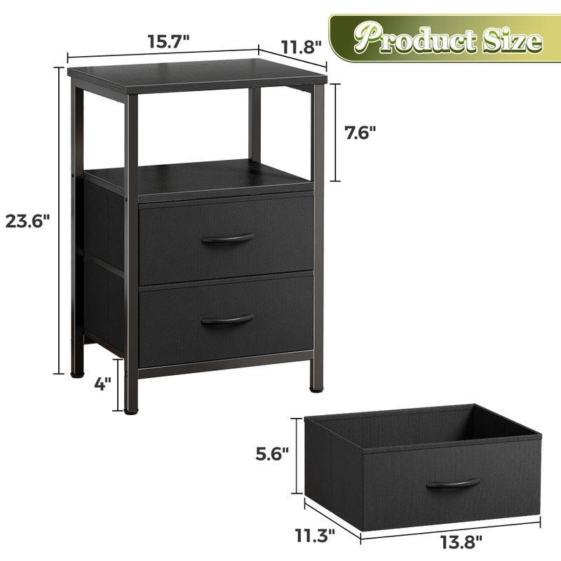Huuger Night Stand Set of 2, Nightstand with 2 Drawers, Bed Side Table with Open Shelf, Wooden Top, End Table, Fabric Drawer, for Bedroom, Black - Image 3
