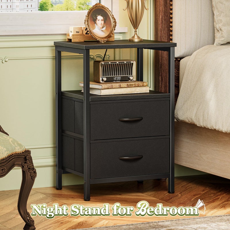 Huuger Night Stand Set of 2, Nightstand with 2 Drawers, Bed Side Table with Open Shelf, Wooden Top, End Table, Fabric Drawer, for Bedroom, Black - Image 2