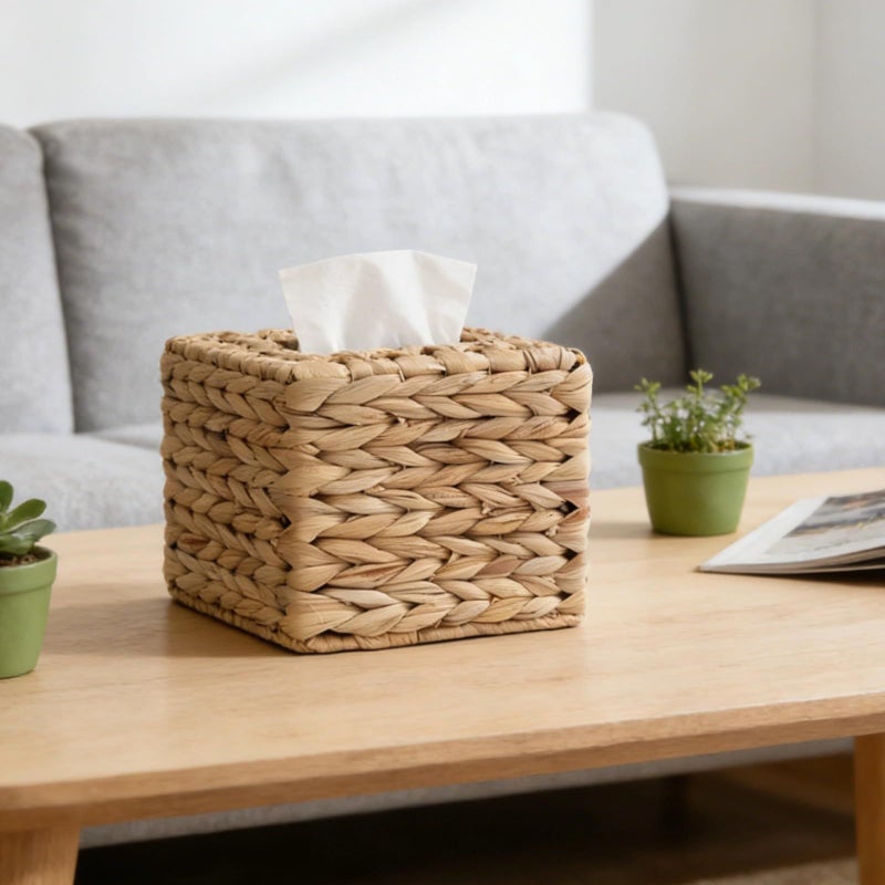 Handwoven Water Hyacinth Square Tissue Box Cover Boho Chic Decorative Organizer For Facial Tissues Natural Versatile Design Housewarming Gift - Image 4