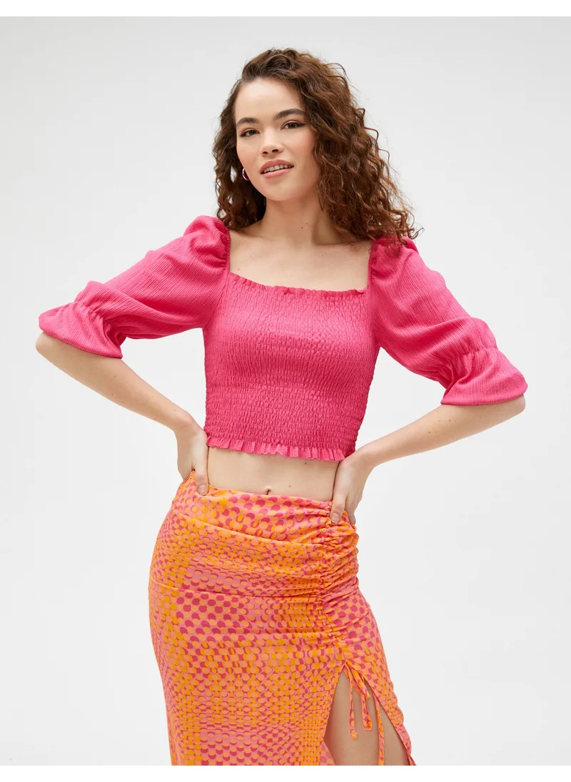 KOTON Crop T-Shirt Gimped Balloon Sleeve Square Neck