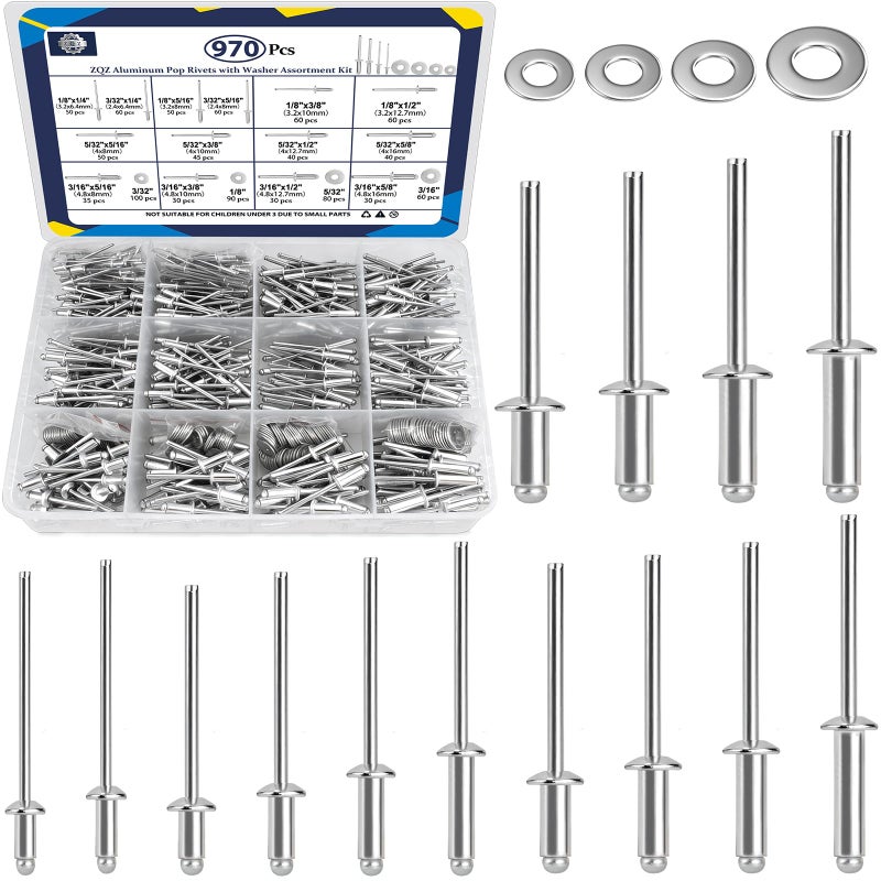 ZQZ 970Pcs Aluminum Pop Rivets with Washer Assortment Kit 14 Sizes Silver Rivets with 332 18 532 316 Blind Rivets Assorted Pop Rivets Set - Image 2