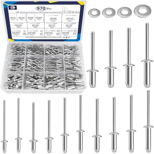 ZQZ 970Pcs Aluminum Pop Rivets with Washer Assortment Kit 14 Sizes Silver Rivets with 332 18 532 316 Blind Rivets Assorted Pop Rivets Set - Image 1
