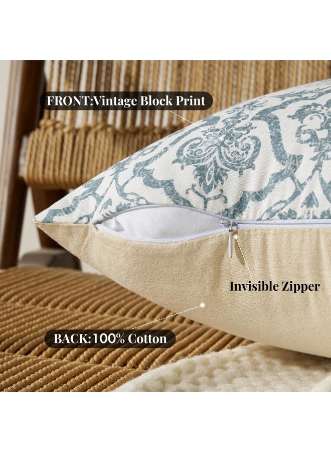 OMMATO Blue Vintage Floral Pillow Covers: 18x18 Decorative Rustic Patterned Throw Pillows - Farmhouse Boho Couch Sofa Cushions Pillowcases Set of 2 Modern Living Room Square Cotton Throw Pillow Covers - Image 4