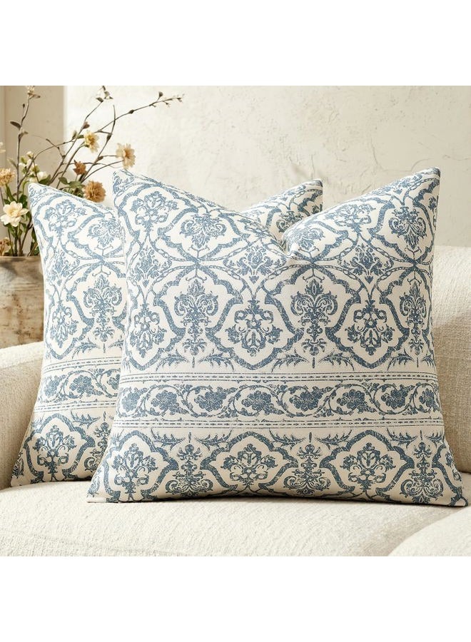 OMMATO Blue Vintage Floral Pillow Covers: 18x18 Decorative Rustic Patterned Throw Pillows - Farmhouse Boho Couch Sofa Cushions Pillowcases Set of 2 Modern Living Room Square Cotton Throw Pillow Covers - Image 1