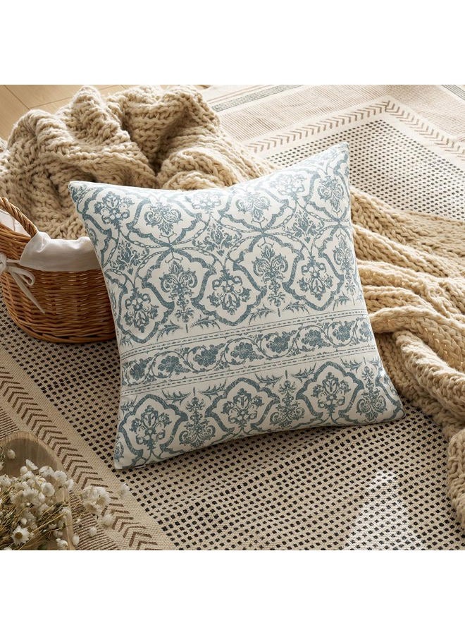 OMMATO Blue Vintage Floral Pillow Covers: 18x18 Decorative Rustic Patterned Throw Pillows - Farmhouse Boho Couch Sofa Cushions Pillowcases Set of 2 Modern Living Room Square Cotton Throw Pillow Covers - Image 2