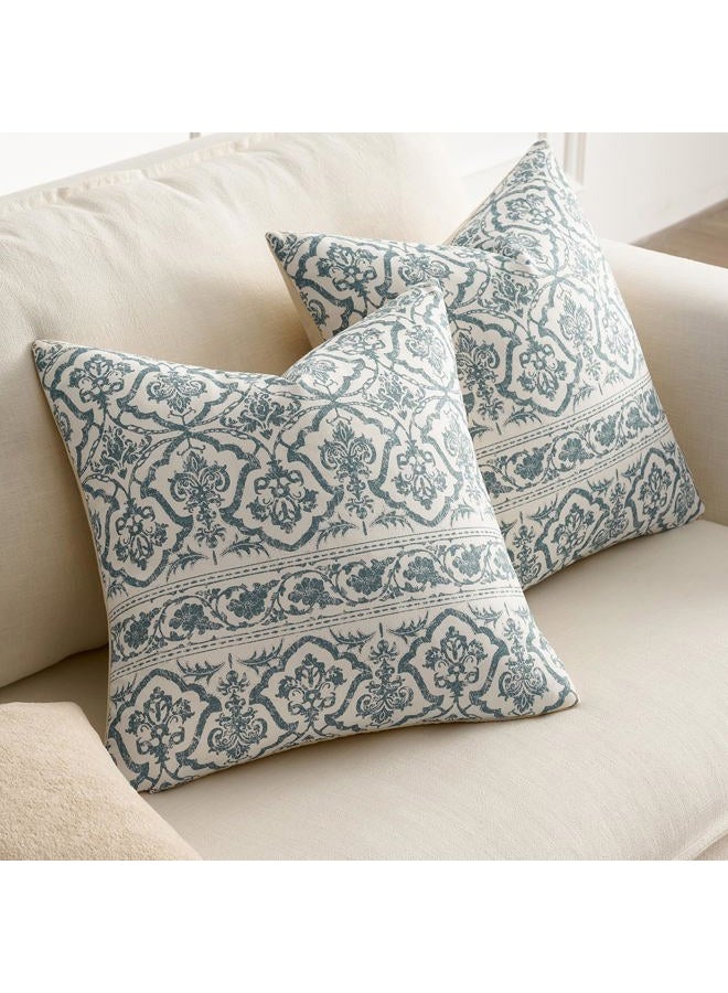 OMMATO Blue Vintage Floral Pillow Covers: 18x18 Decorative Rustic Patterned Throw Pillows - Farmhouse Boho Couch Sofa Cushions Pillowcases Set of 2 Modern Living Room Square Cotton Throw Pillow Covers - Image 3