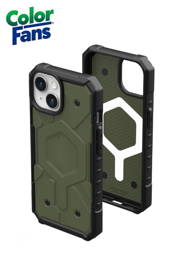 Color Fans Apple iPhone 15 Case 6.1" Pathfinder Built-in Magnet Compatible with Magnet Charging Slim Lightweight Shockproof Dropproof Rugged Protective Cover - Olive  - Image 1