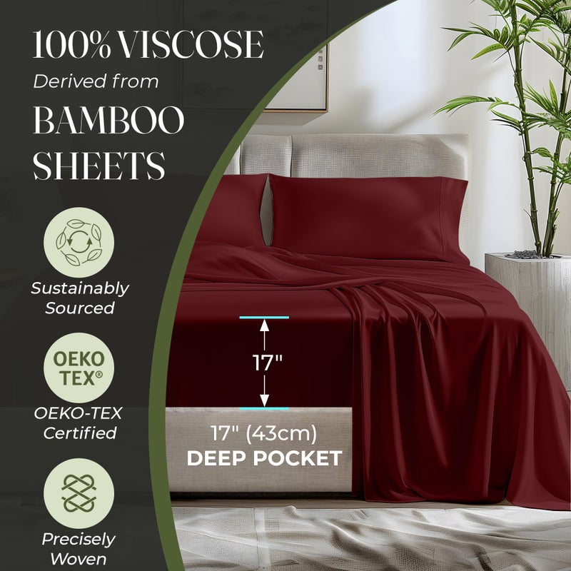 DECOLURE 100% Organic Viscose Derived from Bamboo Sheets Full Size 4pcs - Ultra Soft & Luxuriously Cooling  17"" Deep Pocket  Double Stitching  Perfect for Hot Sleepers - Full Bed Sheets (Burgundy) - Image 4