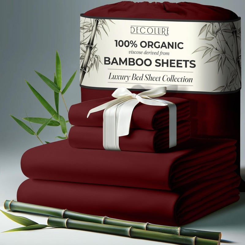 DECOLURE 100% Organic Viscose Derived from Bamboo Sheets Full Size 4pcs - Ultra Soft & Luxuriously Cooling  17"" Deep Pocket  Double Stitching  Perfect for Hot Sleepers - Full Bed Sheets (Burgundy) - Image 1
