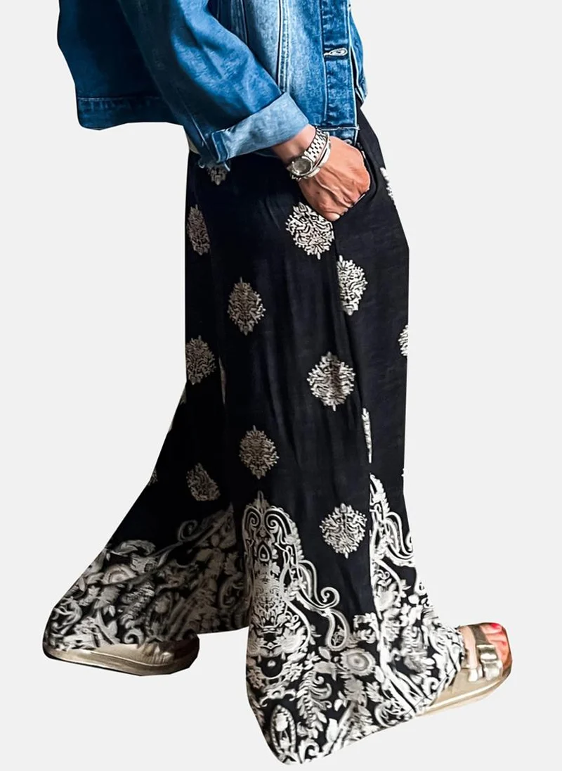 YUNIQEE Black Printed Casual Trousers