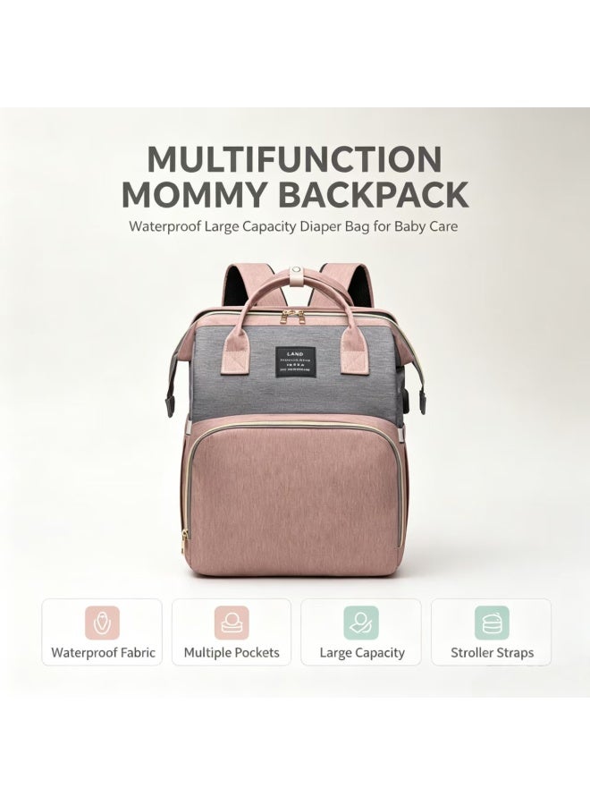 Diaper Bag Backpack with Foldable Baby Crib, Pink Grey, Waterproof, Multi-functional - Image 4