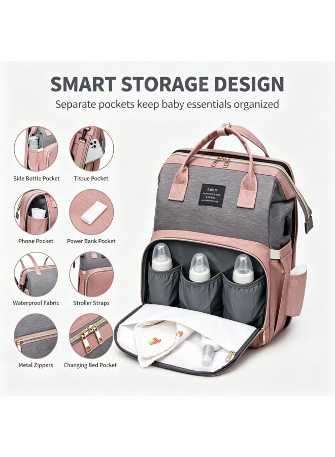 Diaper Bag Backpack with Foldable Baby Crib, Pink Grey, Waterproof, Multi-functional - Image 5
