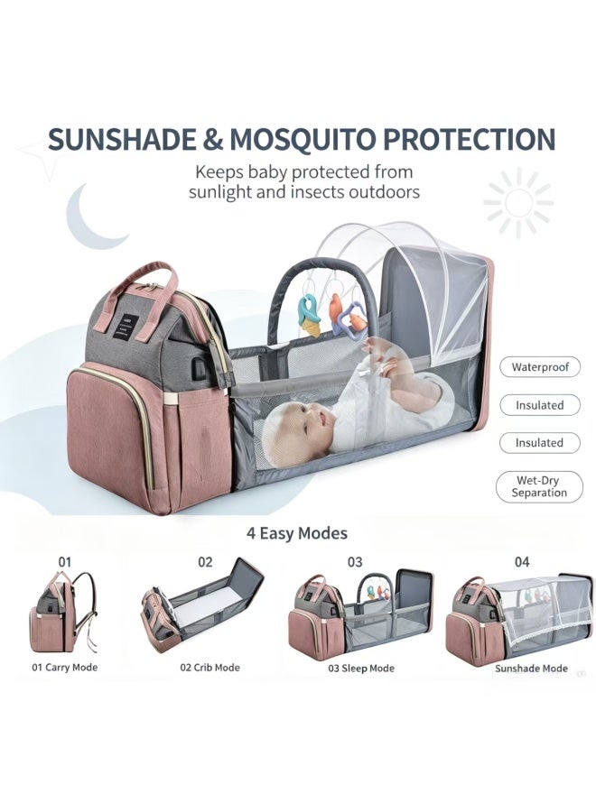 Diaper Bag Backpack with Foldable Baby Crib, Pink Grey, Waterproof, Multi-functional - Image 2