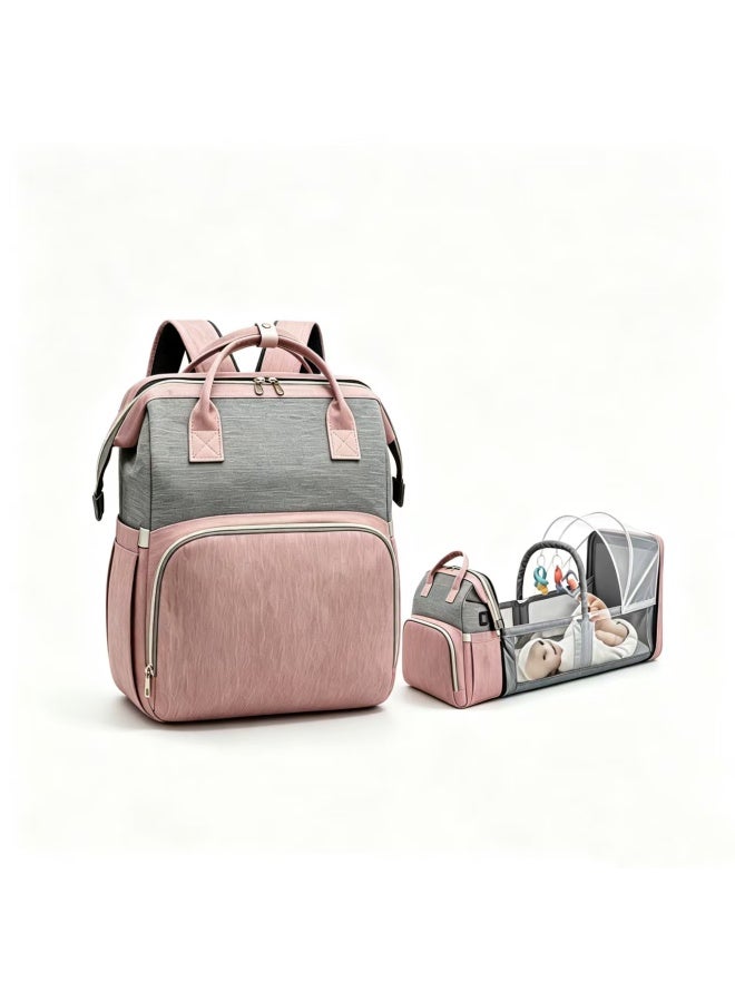 Diaper Bag Backpack with Foldable Baby Crib, Pink Grey, Waterproof, Multi-functional - Image 1