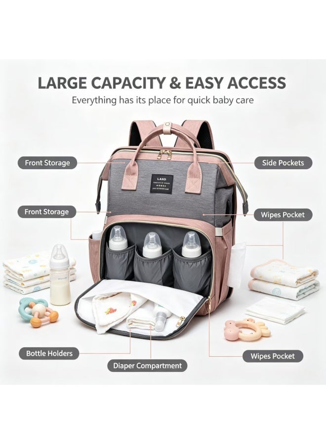 Diaper Bag Backpack with Foldable Baby Crib, Pink Grey, Waterproof, Multi-functional - Image 3