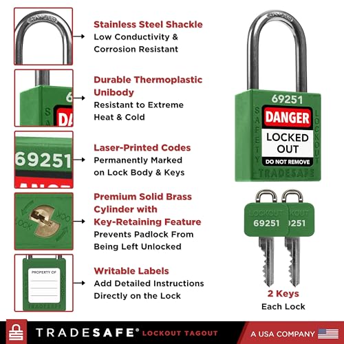 TRADESAFE Lockout Tagout Locks Set - 10 Green Lockout Locks Keyed Different, 2 Keys Per Loto Lock, OSHA Compliant Lock Out Tag Out Padlocks for Electrical Lockout Tag Out Kits - Image 3