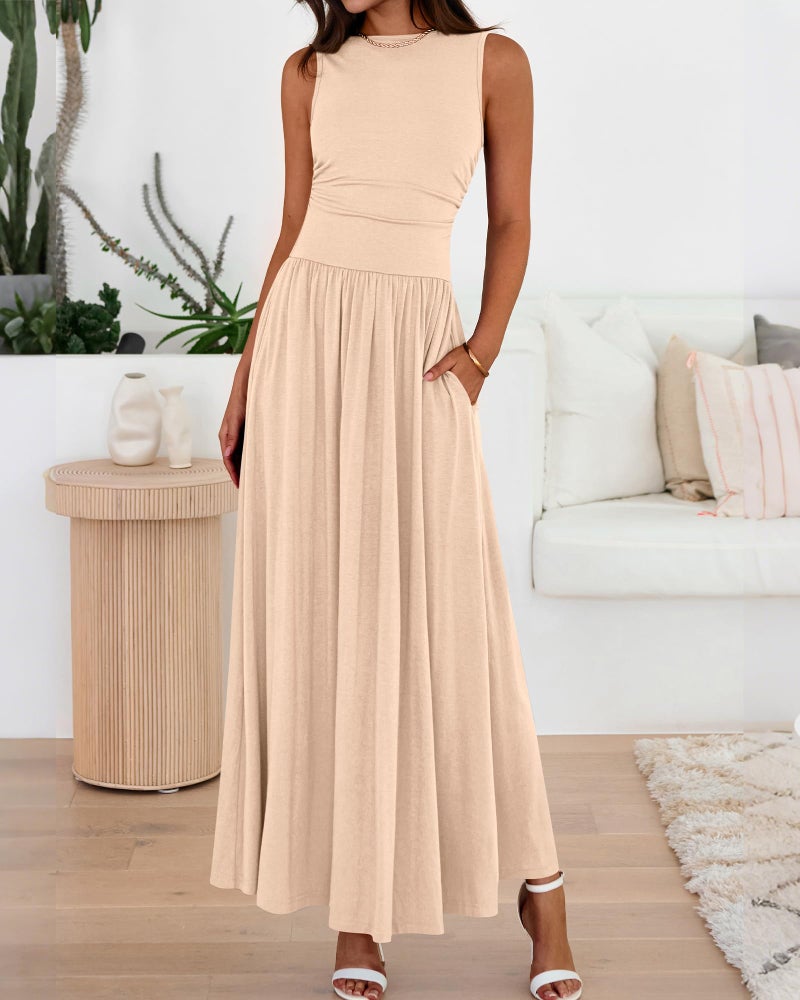 BTFBM Summer Maxi Dresses for Women 2026 Spring Sleeveless Casual Ruched High Waisted Long Sundress Flowy Beach Dress(Beige, Small) - Image 2