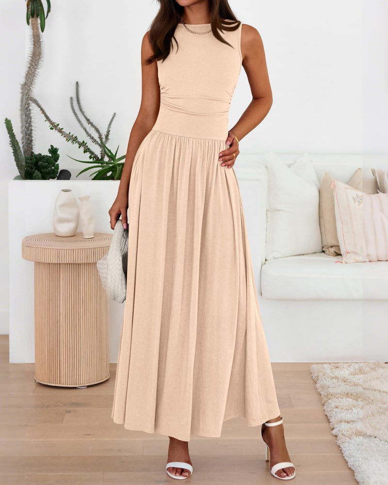 BTFBM Summer Maxi Dresses for Women 2026 Spring Sleeveless Casual Ruched High Waisted Long Sundress Flowy Beach Dress(Beige, Small) - Image 5